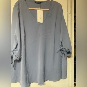 BloomChic Dusty Blue V-Neck Tie-Sleeve Blouse